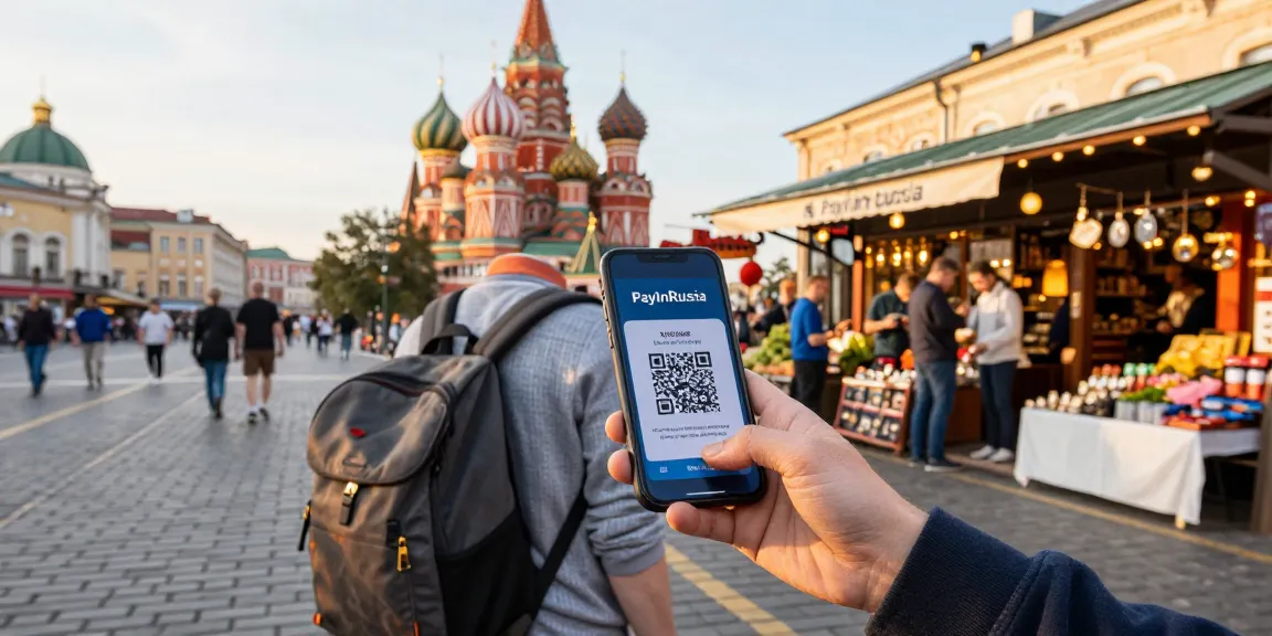 Pengunjung menggunakan aplikasi PayInRussia untuk pembayaran di kota Rusia, menunjukkan QR code di smartphone sambil berinteraksi dengan lingkungan lokal.
