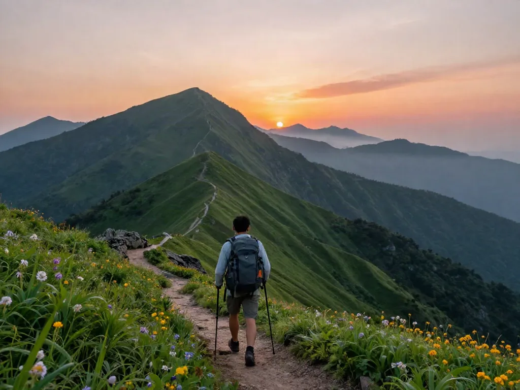 Petualangan indah di Pakhoki, seorang pendaki dengan ransel di pemandangan pegunungan saat matahari terbit.