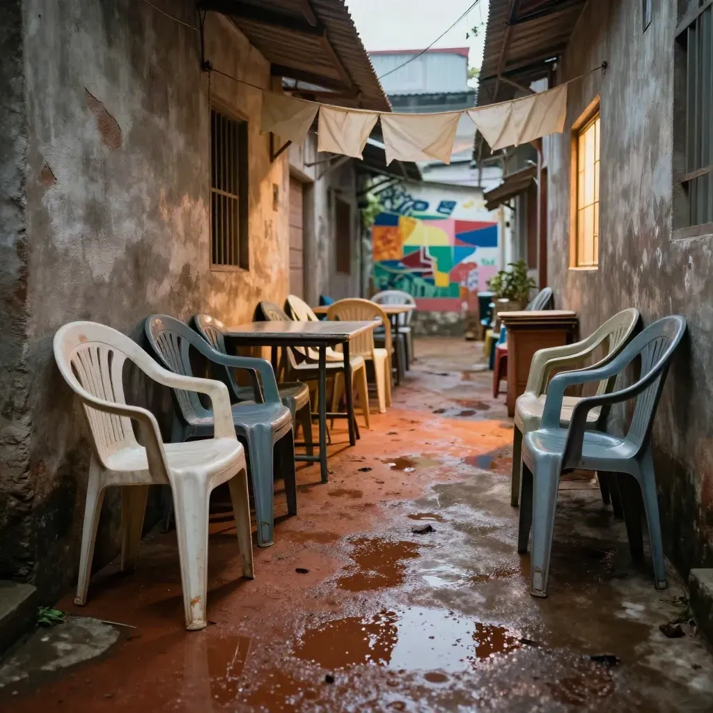 Lorong kampung basah setelah hujan dengan kursi plastik bertumpuk dan meja makan bersama.