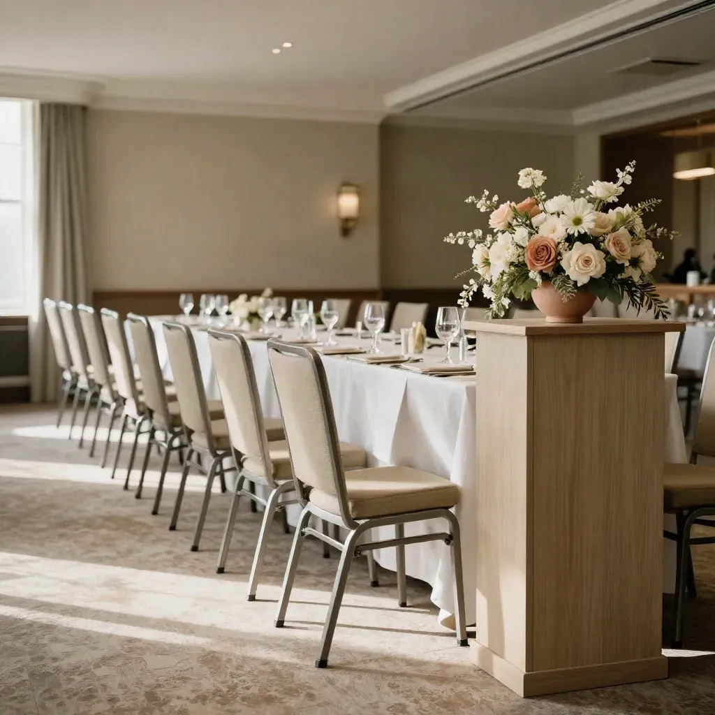Ballroom hotel siap siaran pers dengan podium, gelas air, dan bunga netral dari lorong samping.