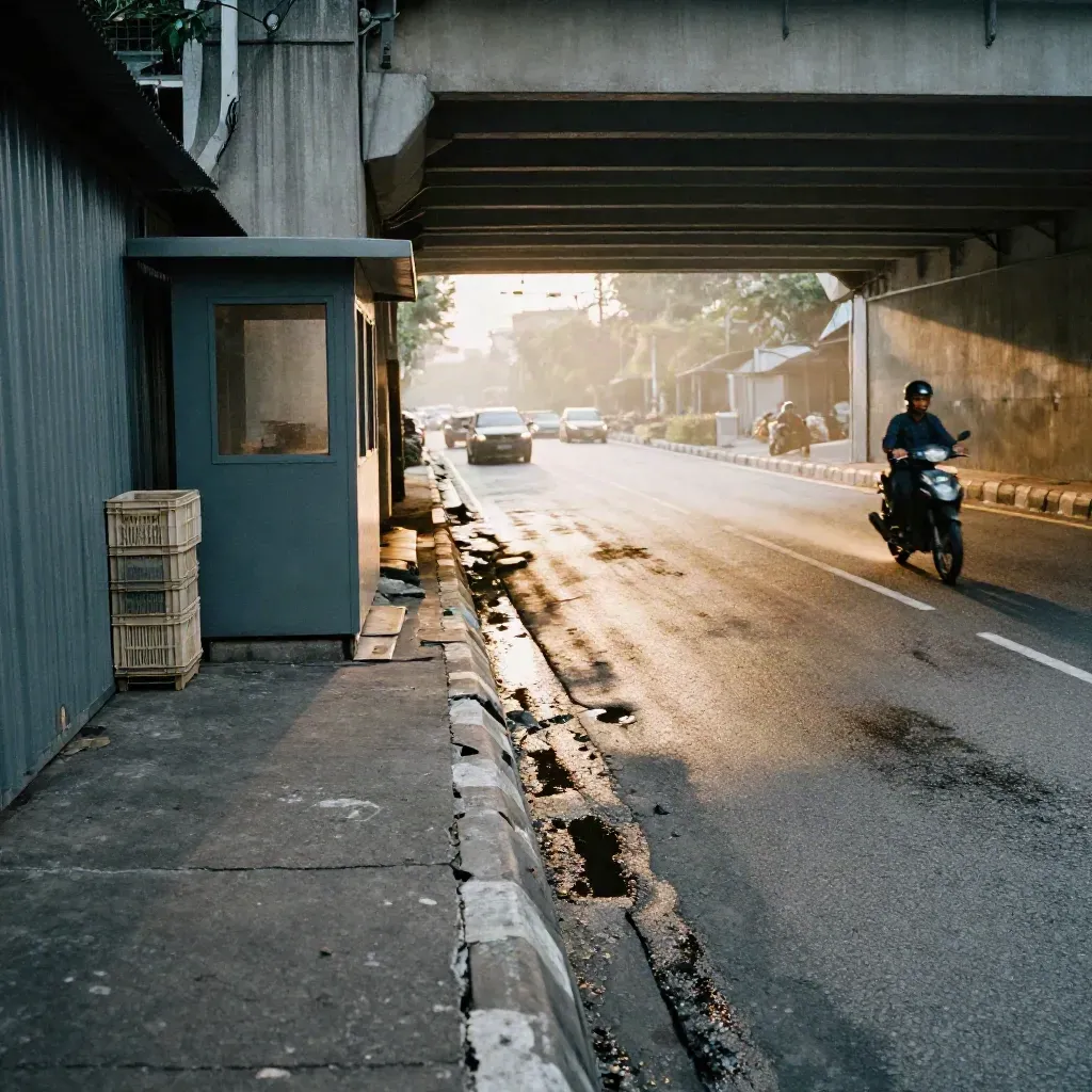 Jalan Jakarta di bawah flyover, kios kecil, aspal baru kering, motor melintas di pagi berkabut.