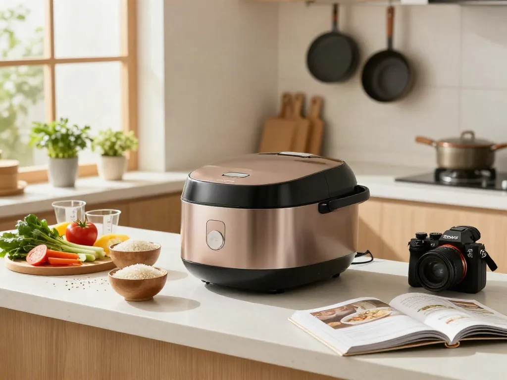 Rice Cooker with ingredients for a delicious meal in a sunlit kitchen.