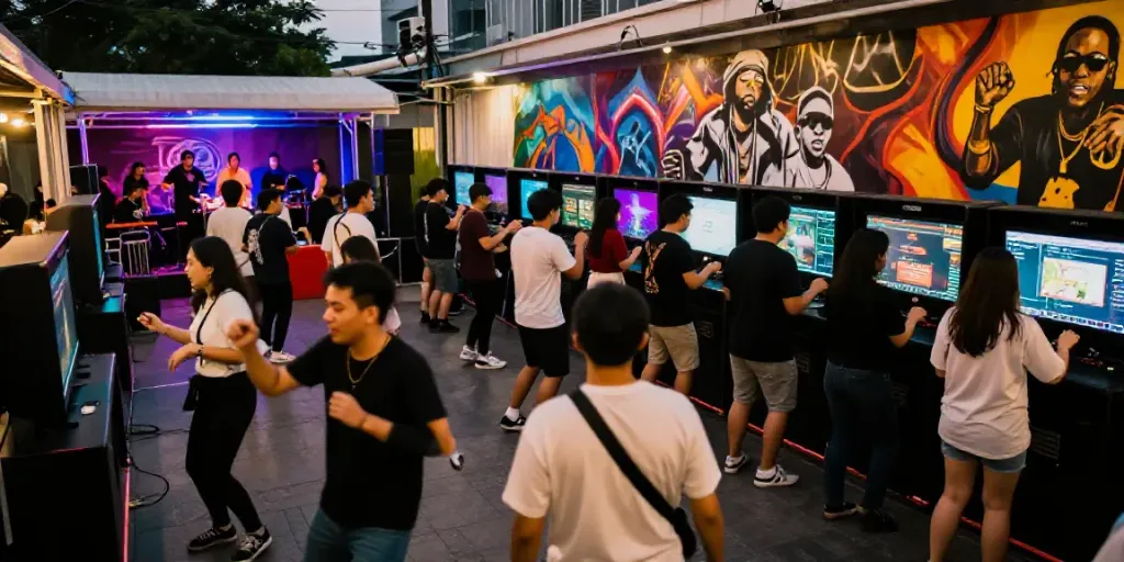 Luxury138 event on https://jakartabeat.net with vibrant crowd enjoying music and gaming activities.